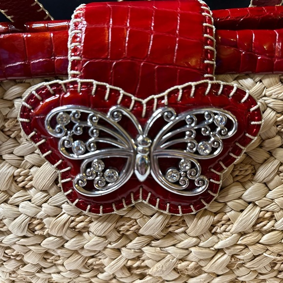 Rare Brighton Straw & Red Leather Trim Shoulder Bag w/Butterfly Magnetic Closure - Picture 8 of 16